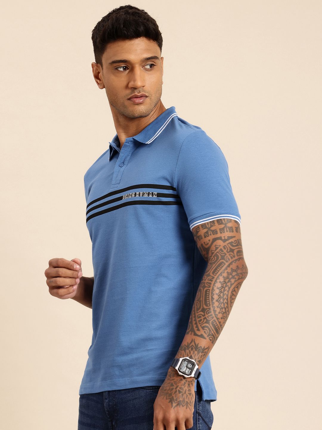 Being Human Pure Cotton Striped Polo Collar T-shirt