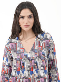 Rareism Conversational Printed V Neck Cotton Empire Top