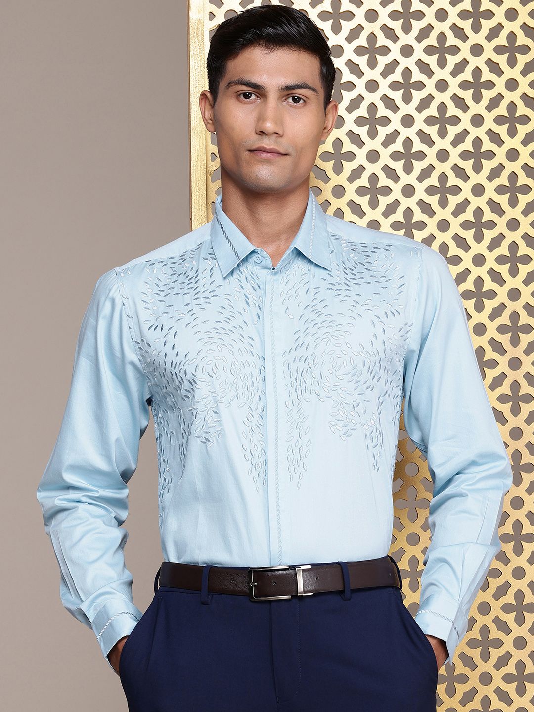 House of Pataudi Self Design Pure Cotton Opaque Party Shirt