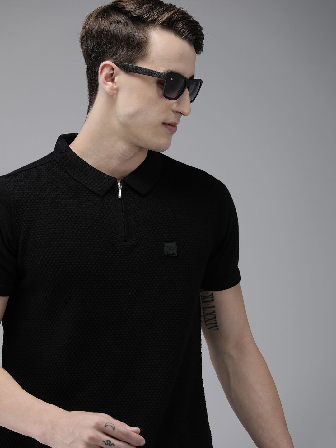 THE BEAR HOUSE Ardor Edition Men Black Self Design Cotton Polo Collar Slim Fit T-shirt