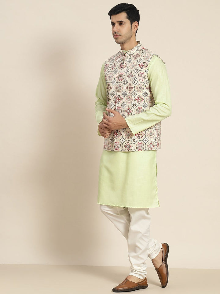 SOJANYA Men Printed Kurta with Churidar & Nehru Jacket