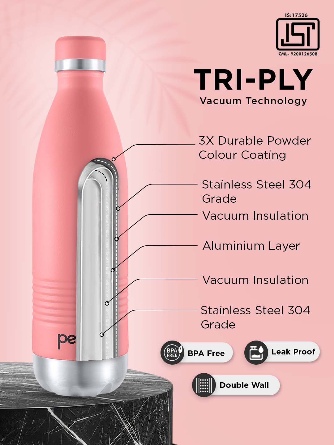 Pexpo Echo Delux Pink ISI Certified Thermosteel Hot and Cold Flask Water Bottle 980ml