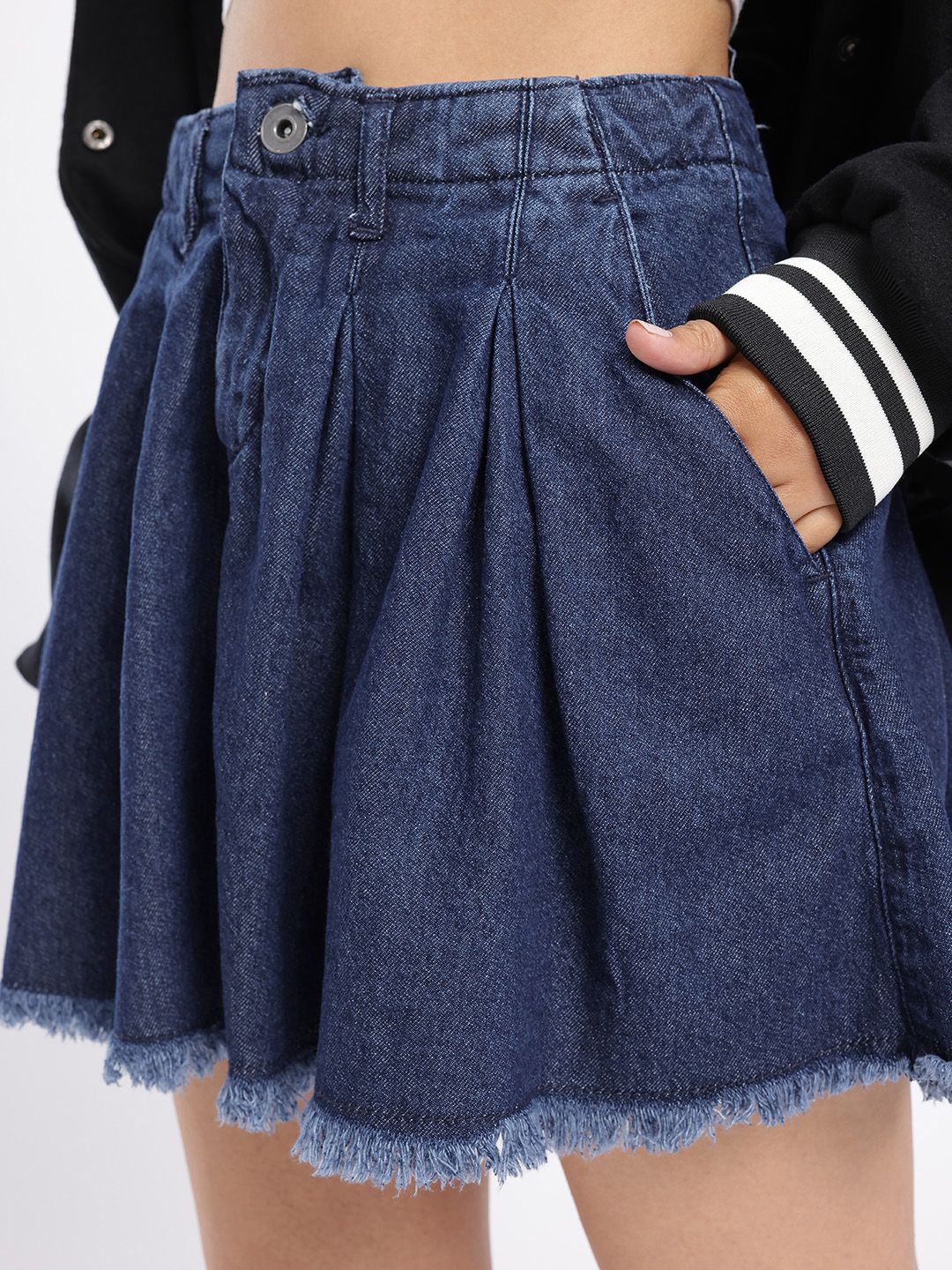 DressBerry Women Urban Chic Pleated Flared Denim Mini Skirt