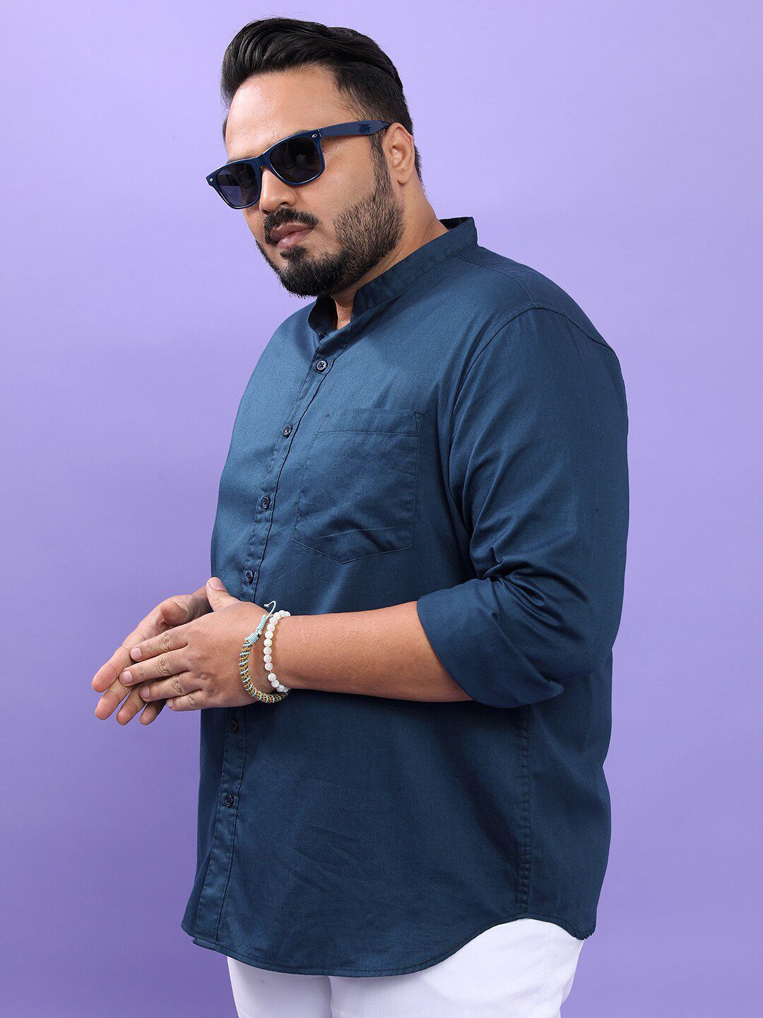 HIGHLANDER Plus Size Blue Band Collar Long Sleeves Cotton Casual Shirt