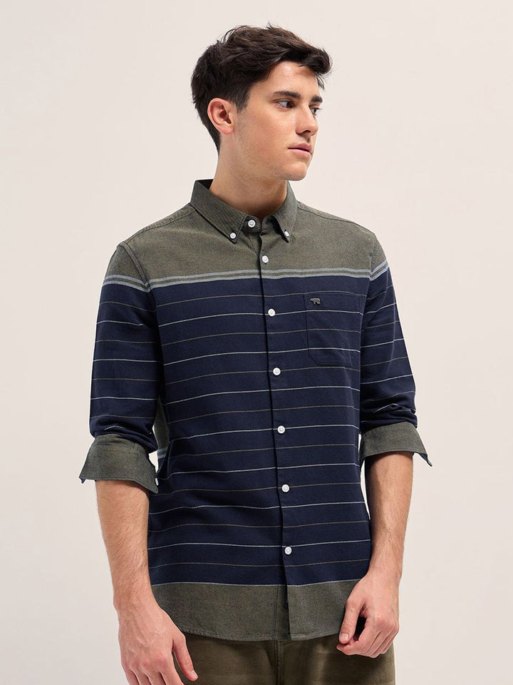 THE BEAR HOUSE Men Button-Down Collar Horizontal Striped Cotton Slim Fit Casual Shirt