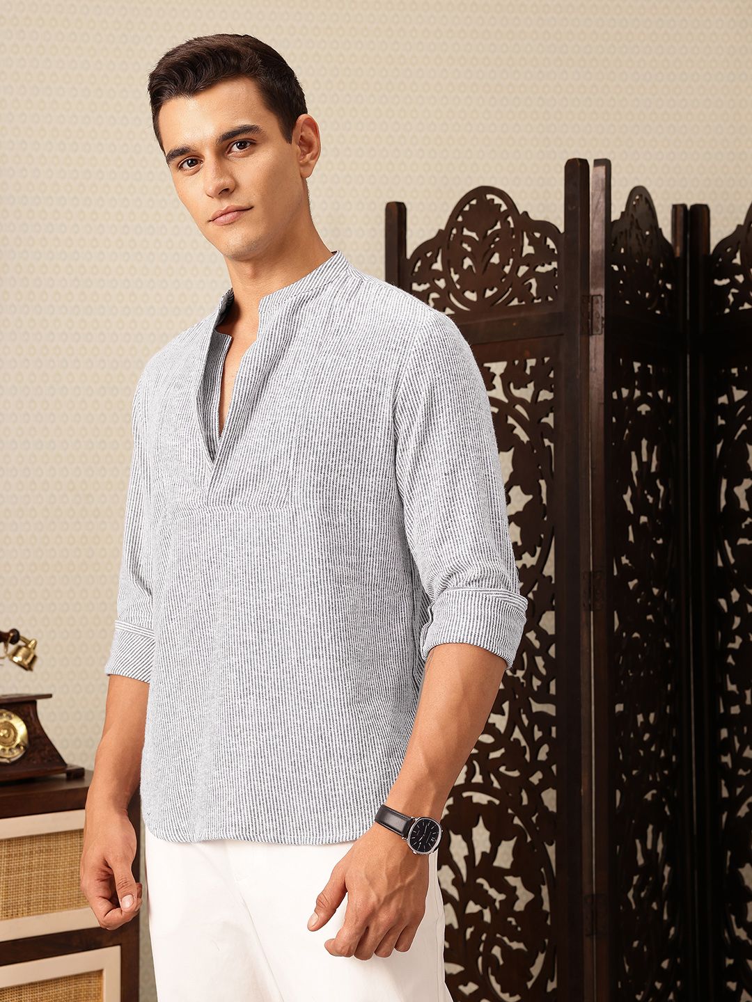 House of Pataudi Striped Pure Cotton Rozana Kurta