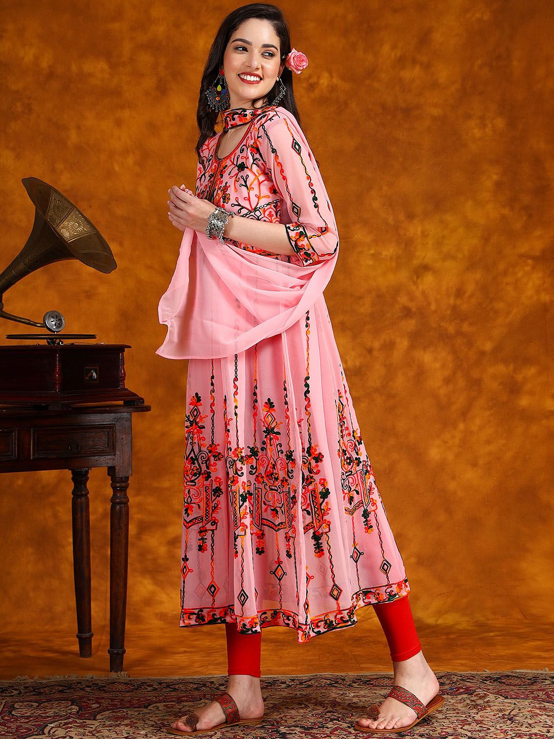 KALINI Ethnic Motifs Embroidered Anarkali Kurta With Dupatta Set