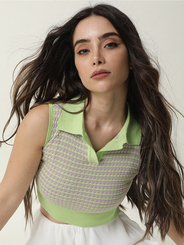 Rareism Women Green & Lavender kabel Sweater Crop Sweater