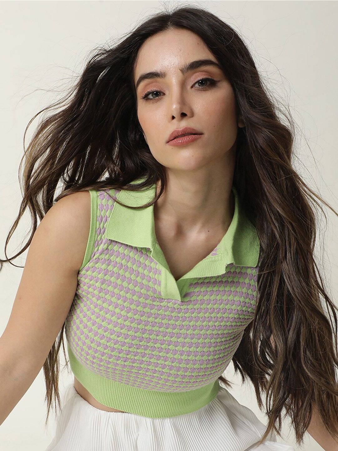 Rareism Women Green & Lavender kabel Sweater Crop Sweater