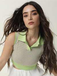 Rareism Women Green & Lavender kabel Sweater Crop Sweater