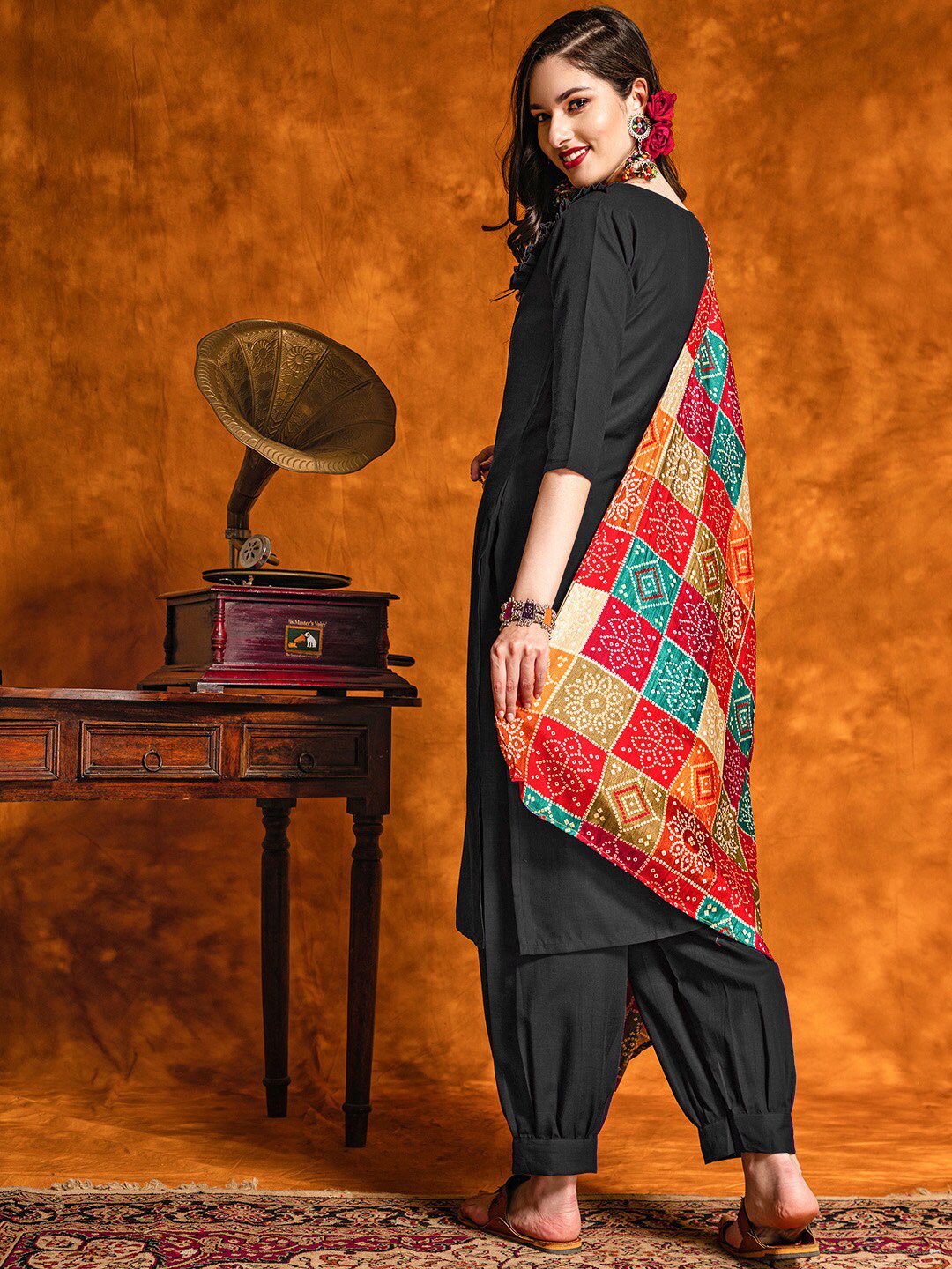 KALINI  Floral Embroidered Notched Neck Mirror Work Kurta with Salwar & With Dupatta