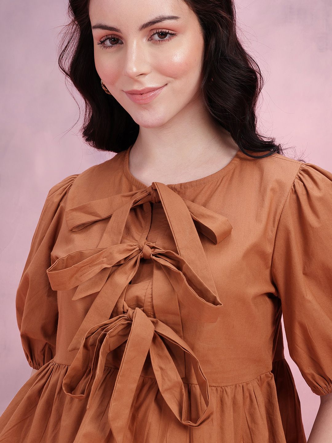 DressBerry Tie-Up Neck Puff Sleeve Cotton Top