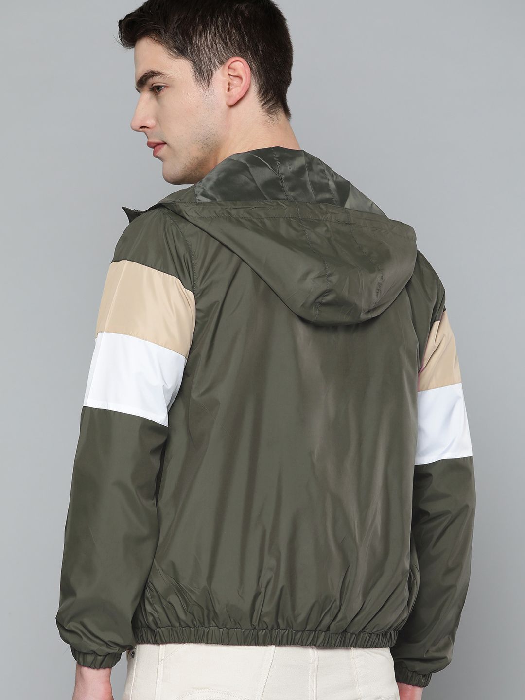 ether Men Olive Green & White Tailored Jacket with Striped Detail