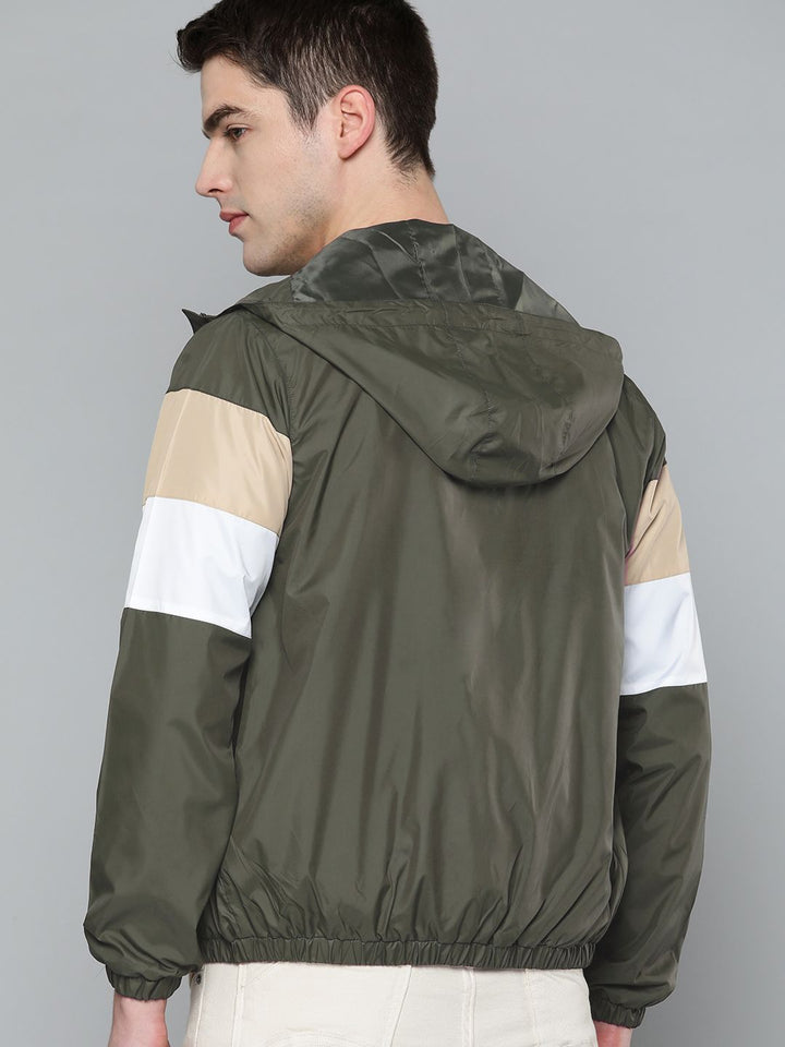 ether Men Olive Green & White Tailored Jacket with Striped Detail