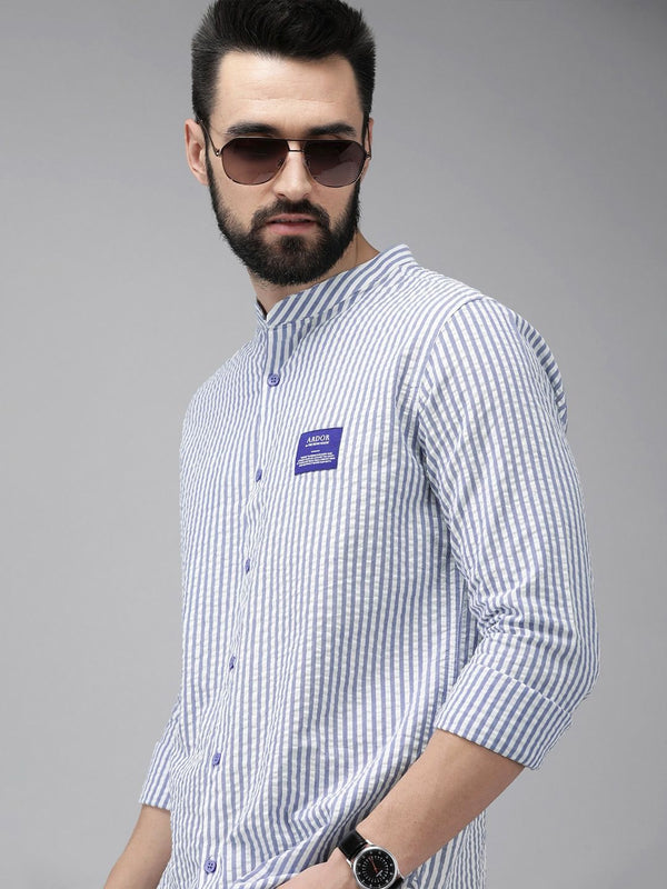 Lelaki Edisi Ardor Bear Bear White Slim Fit Striped Cotton Seersucker Shirt