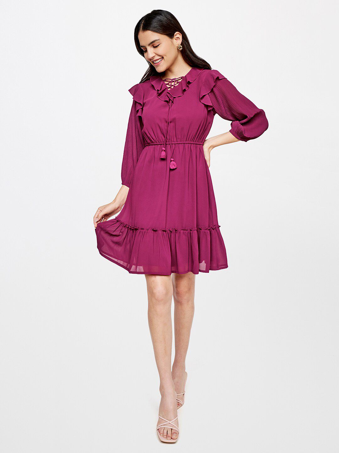 AND Women Pink Tie-Up Neck Dress