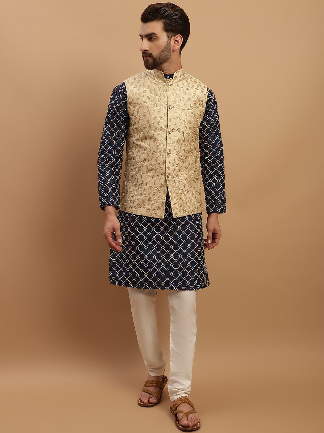 SOJANYA Geometric Embroidered Regular Kurta with Churidar & Embroidered Nehru Jacket