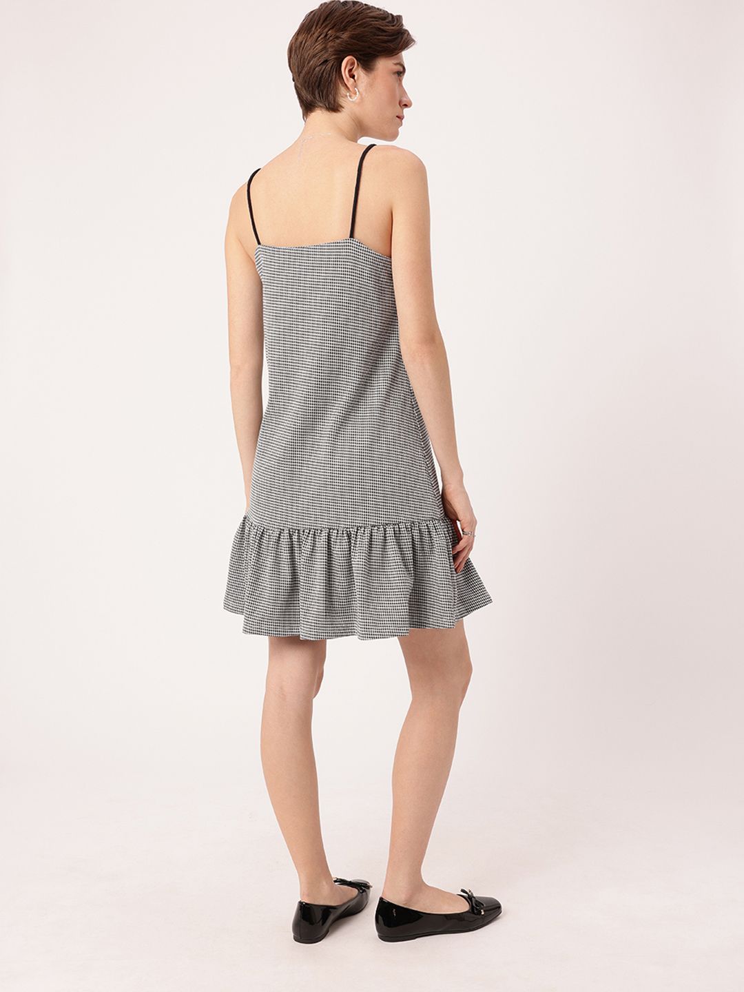 DressBerry Girly Touch Monochrome Strappy Bows Checked A-Line Mini Dress
