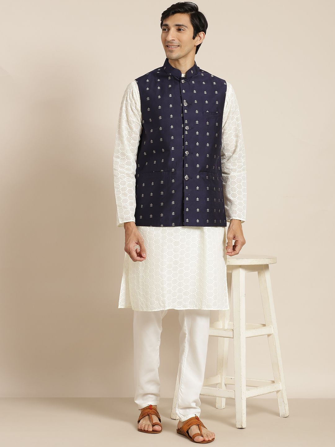 SOJANYA Men Cream-Coloured Chikankari Pure Cotton Kurta with Churidar & Nehru Jacket