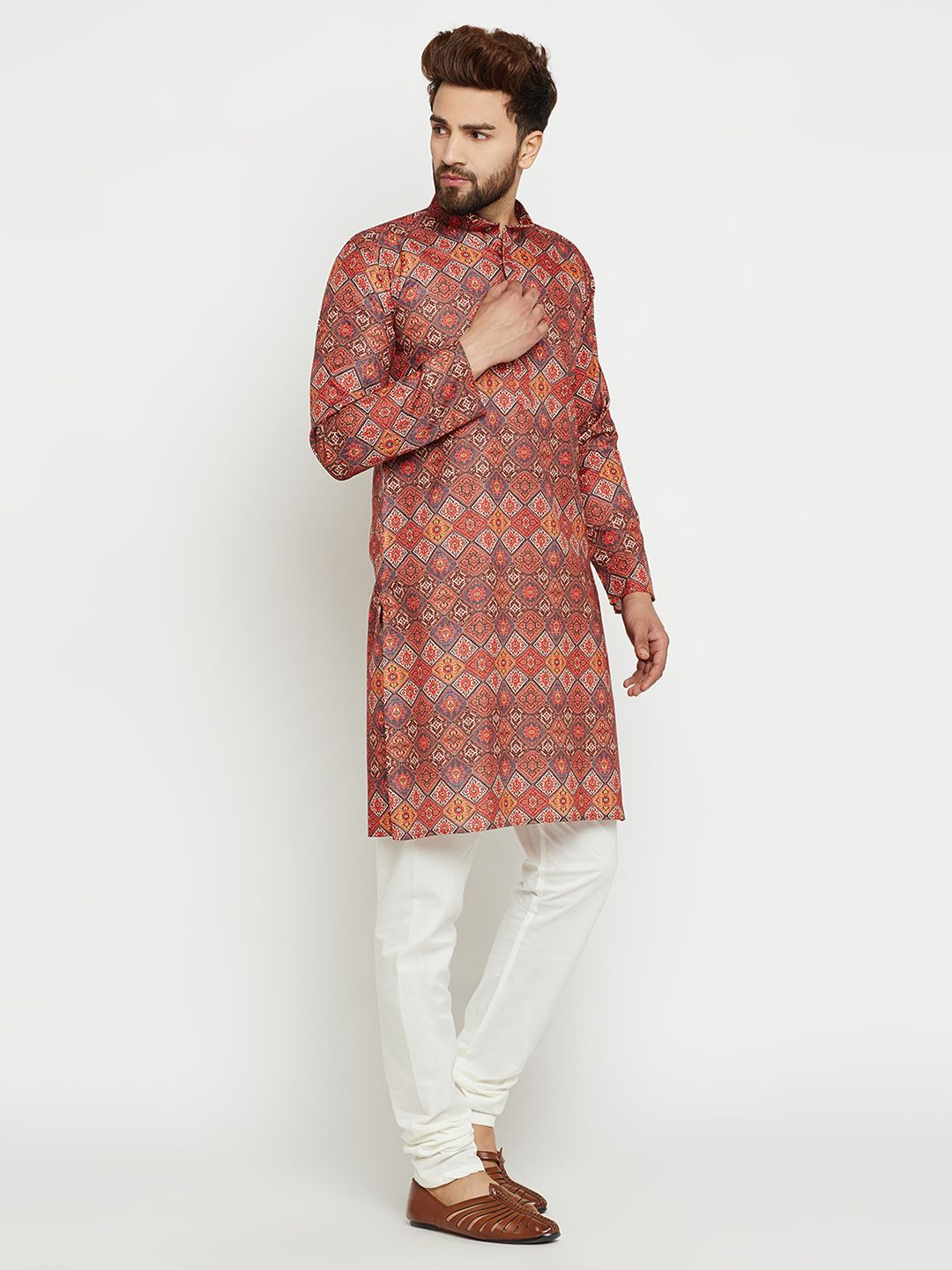 SOJANYA Men Orange & Blue Printed Straight Kurta