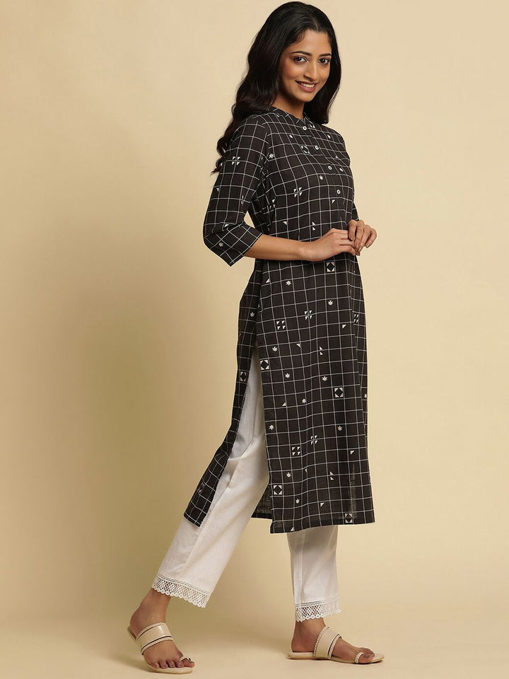 W Checked Mandarin Collar Pure Cotton Straight Kurta
