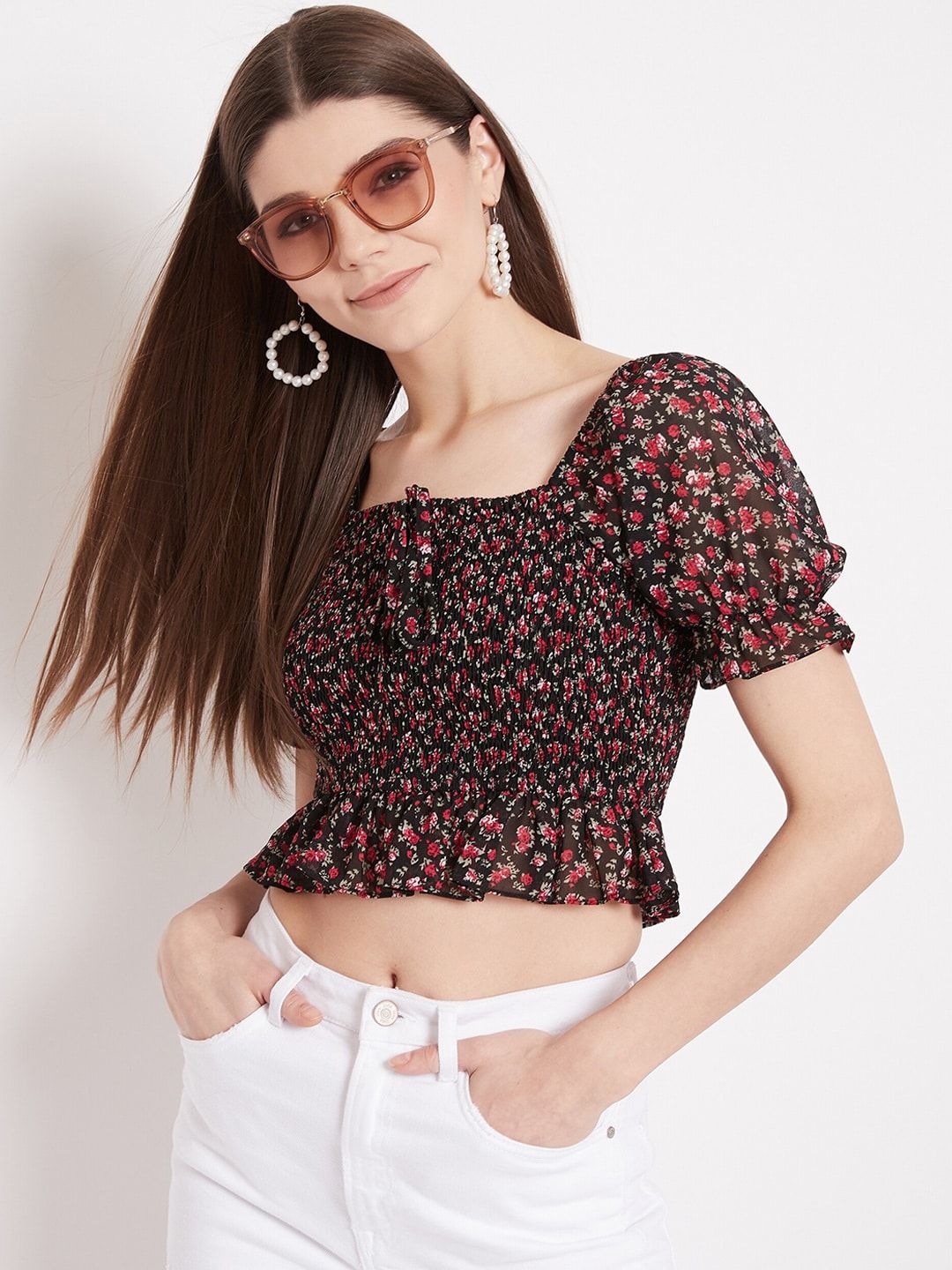 Berrylush Black Floral Smocked Crepe Blouson Crop Top