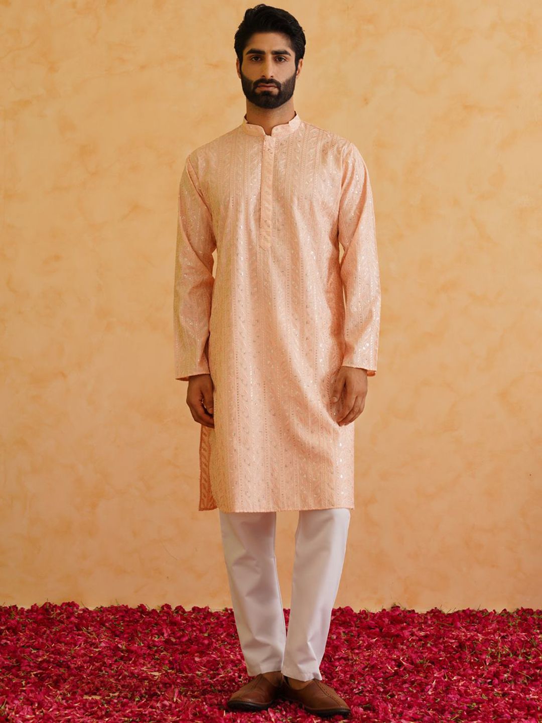 SOJANYA LUXE Motif Etnik Bersulam Kurta Sutera Kapas Labuci Dengan Piyama