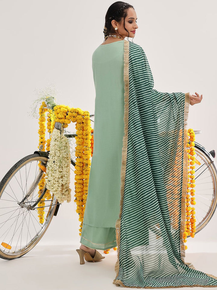 Varanga Green Gotta Patti Detail Straight Kurta & Palazzos With Dupatta