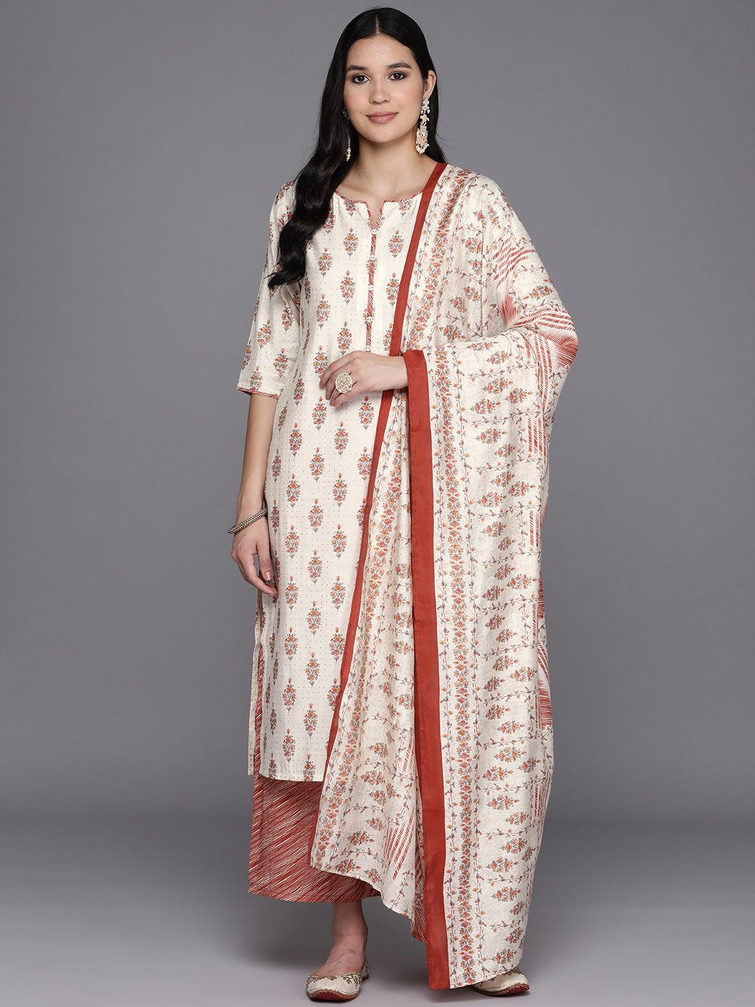 Libas Floral Printed Sweetheart Neck Kurta With Palazzos & Dupatta
