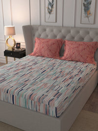 URBAN SPACE Pink & Sea Green Geometric 160 TC Cotton 1 Queen Bedsheet with 2 Pillow Covers