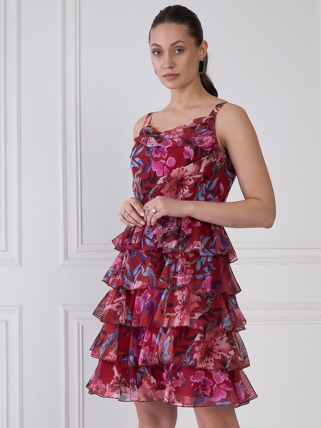 Antheaa Red Floral Print Round Neck Layered Fit & Flare Dress