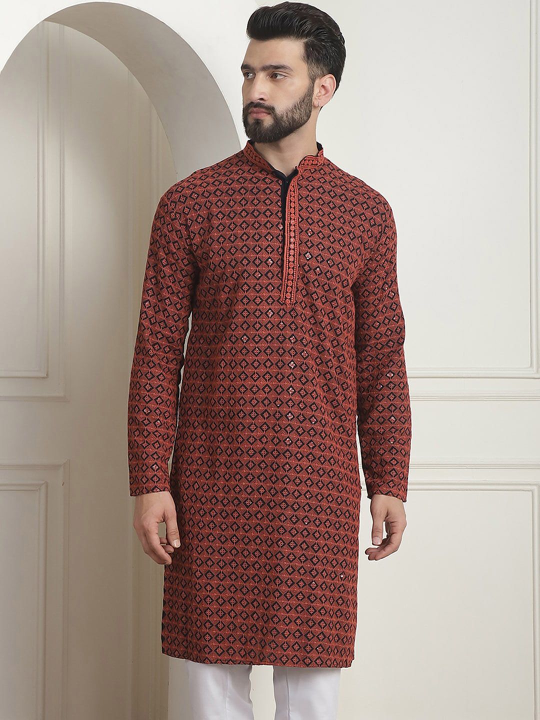 SOJANYA Mandarin Collar Geometric Printed Cotton Thread Work Kurta