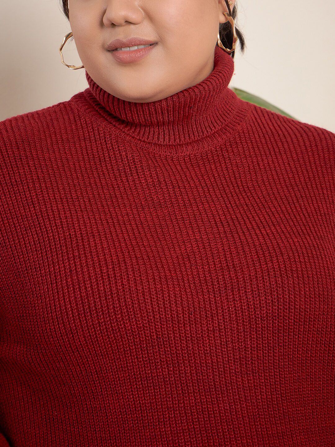 CURVY STREET Plus Size Ribbed Turtle Neck Pure Acrylic Pullover