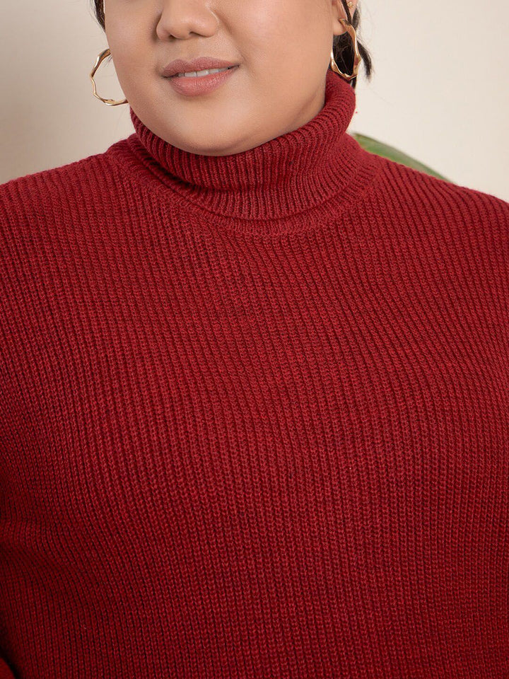 CURVY STREET Plus Size Ribbed Turtle Neck Pure Acrylic Pullover