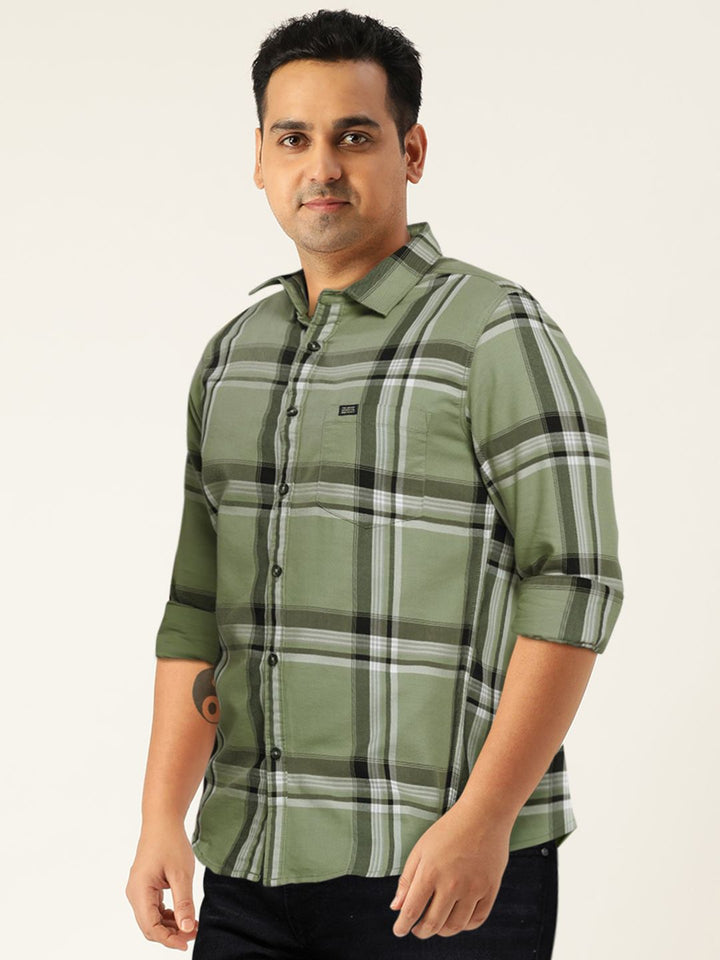 The Indian Garage Co Men Olive Green & White Tartan Checks Checked Cotton Casual Shirt