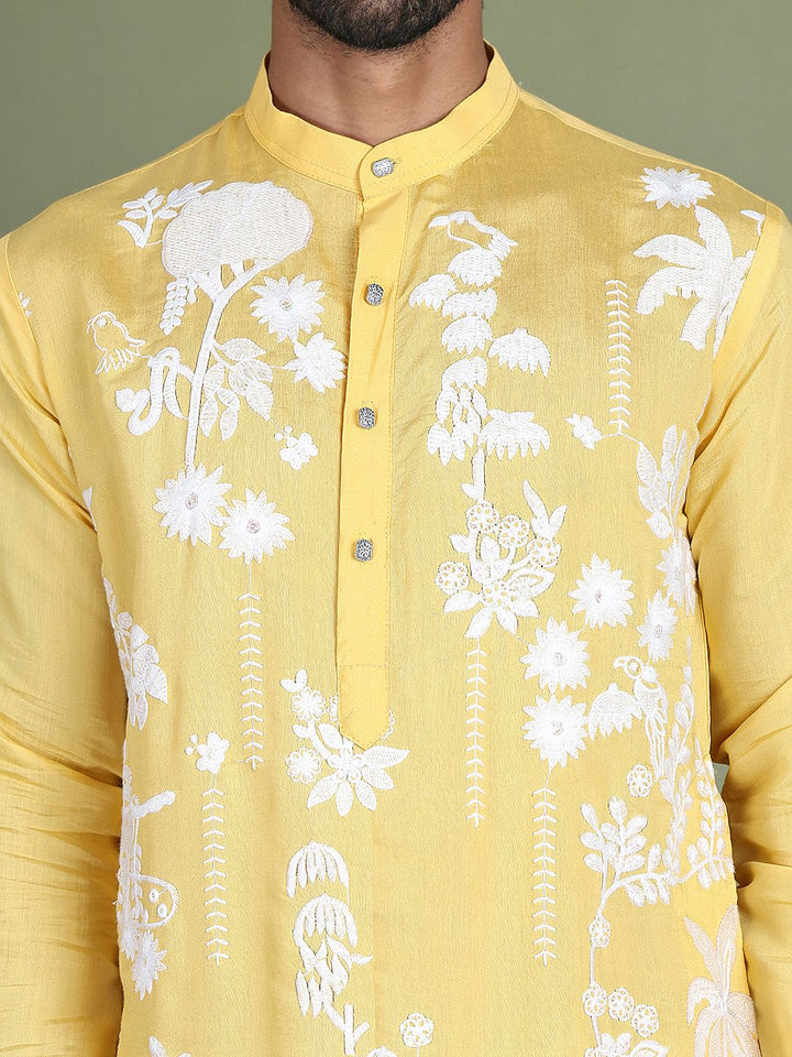 Jompers Floral Embroidered Band Collar Straight Kurta
