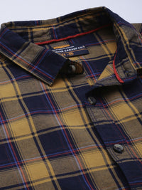 The Indian Garage Co Men Navy Blue & Mustard Yellow Checked Casual Shirt