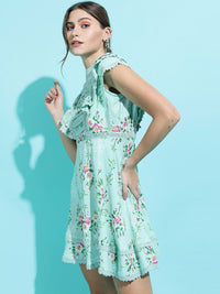 Tokyo Talkies Women Alluring Turquoise Blue Floral Dress