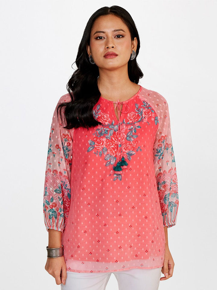 Global Desi Floral Printed Tie-Up Neck Top