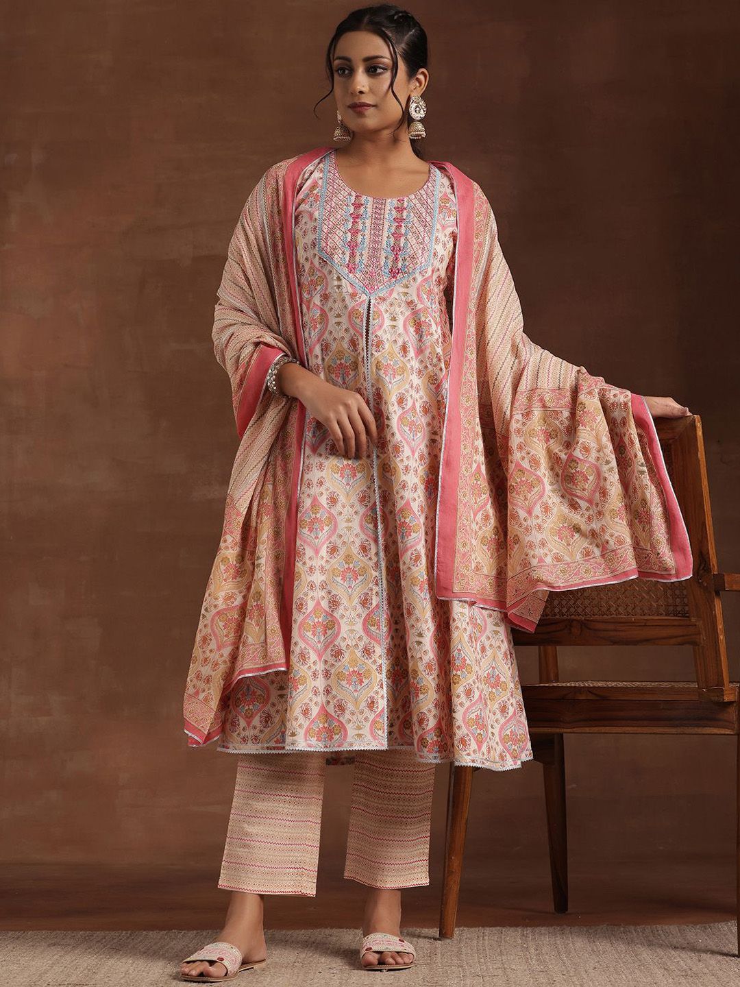 Libas Printed Panelled Gotta Patti Pure Cotton Anarkali Kurta with Palazzos & Dupatta