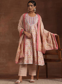 Libas Printed Panelled Gotta Patti Pure Cotton Anarkali Kurta with Palazzos & Dupatta