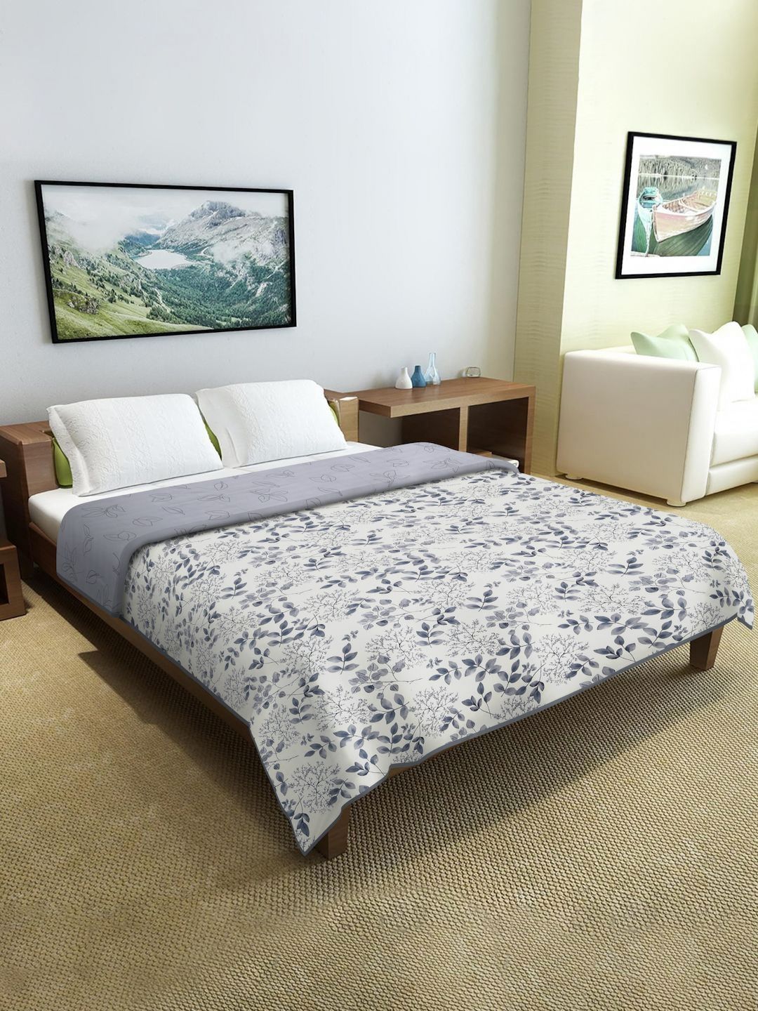 Cortina White & Grey Floral Microfiber AC Room Reversible Single Bed Dohar