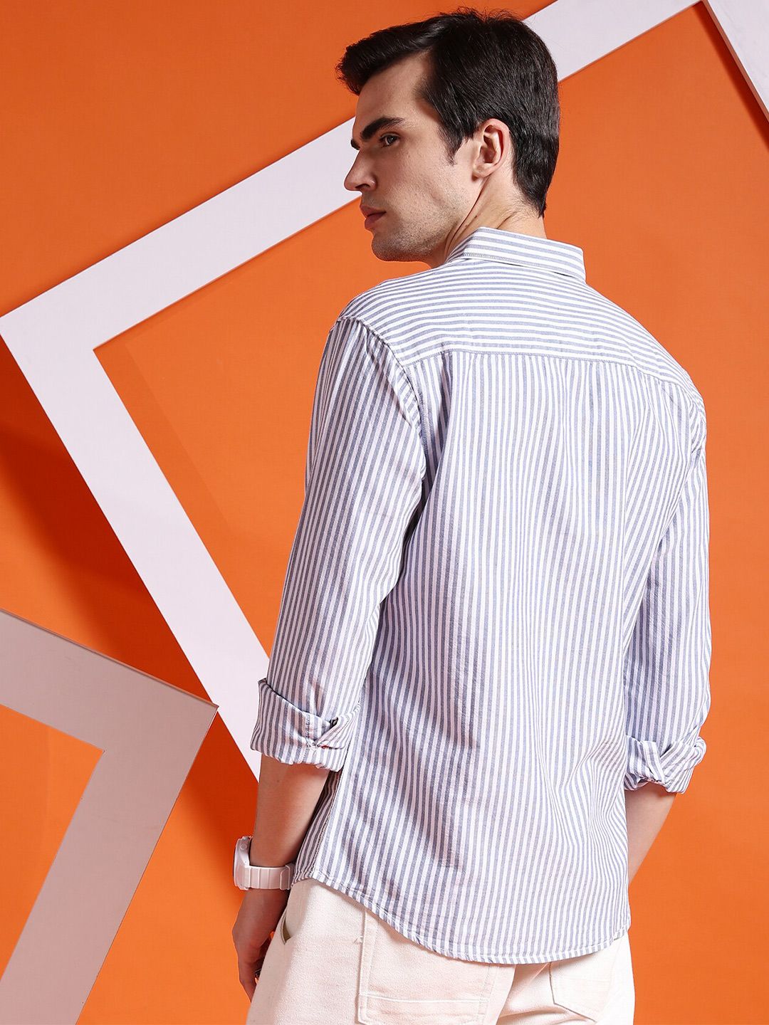 The Indian Garage Co Navy Blue Slim Fit Striped Pure Cotton Casual Shirt