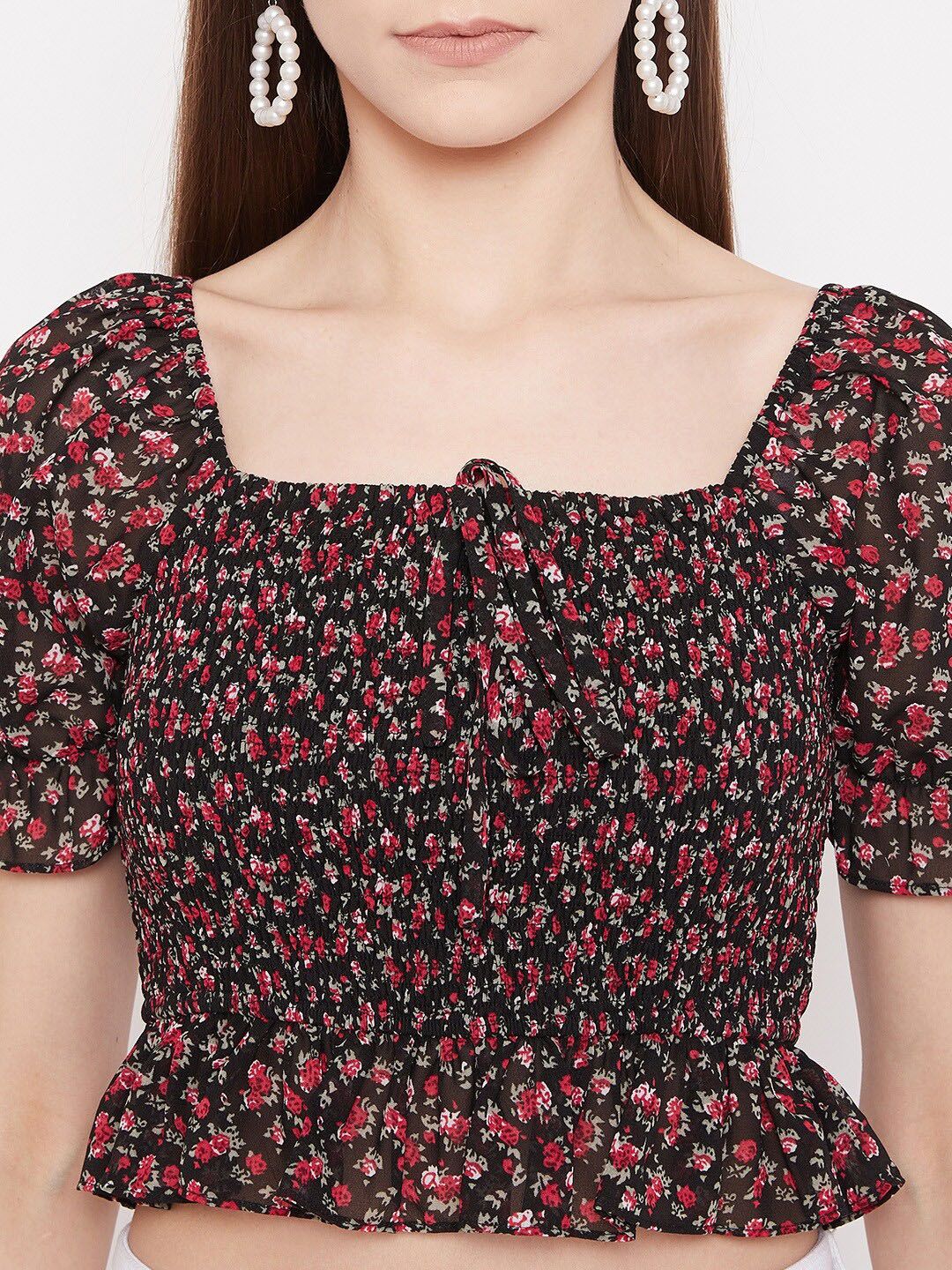 Berrylush Black Floral Smocked Crepe Blouson Crop Top