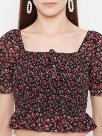 Berrylush Black Floral Smocked Crepe Blouson Crop Top