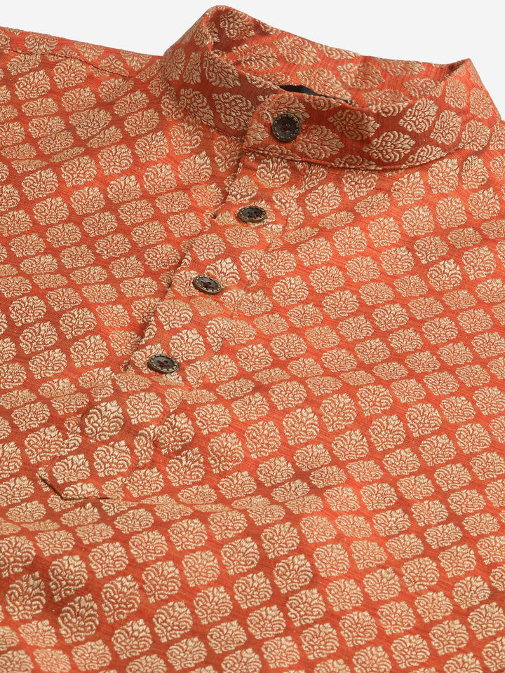 SOJANYA Men Orange Ethnic Motifs Jacquard Silk Kurta with Churidar & Nehru Jacket