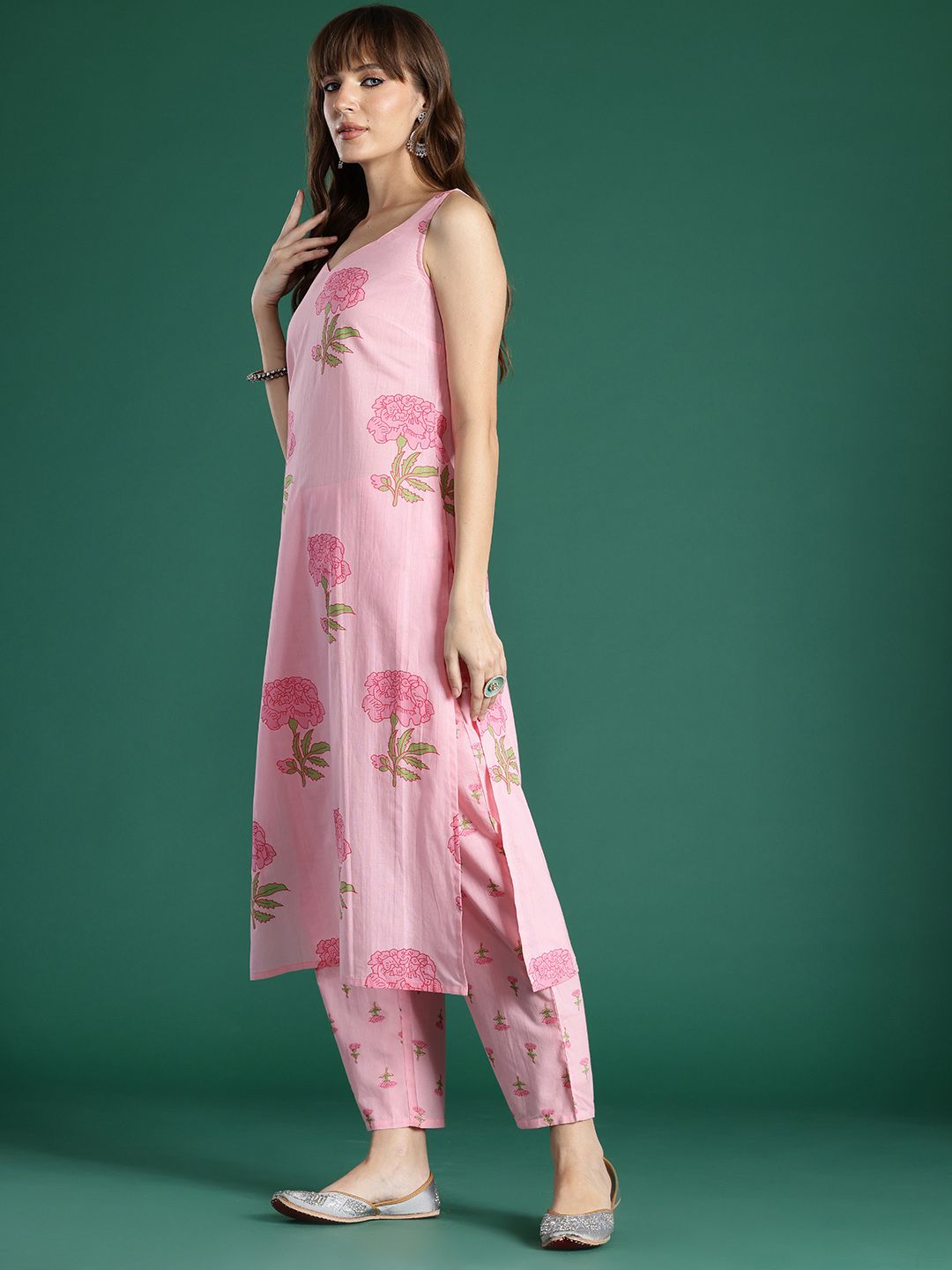 Indo Era Floral Printed Pure Cotton Kurta with Trousers