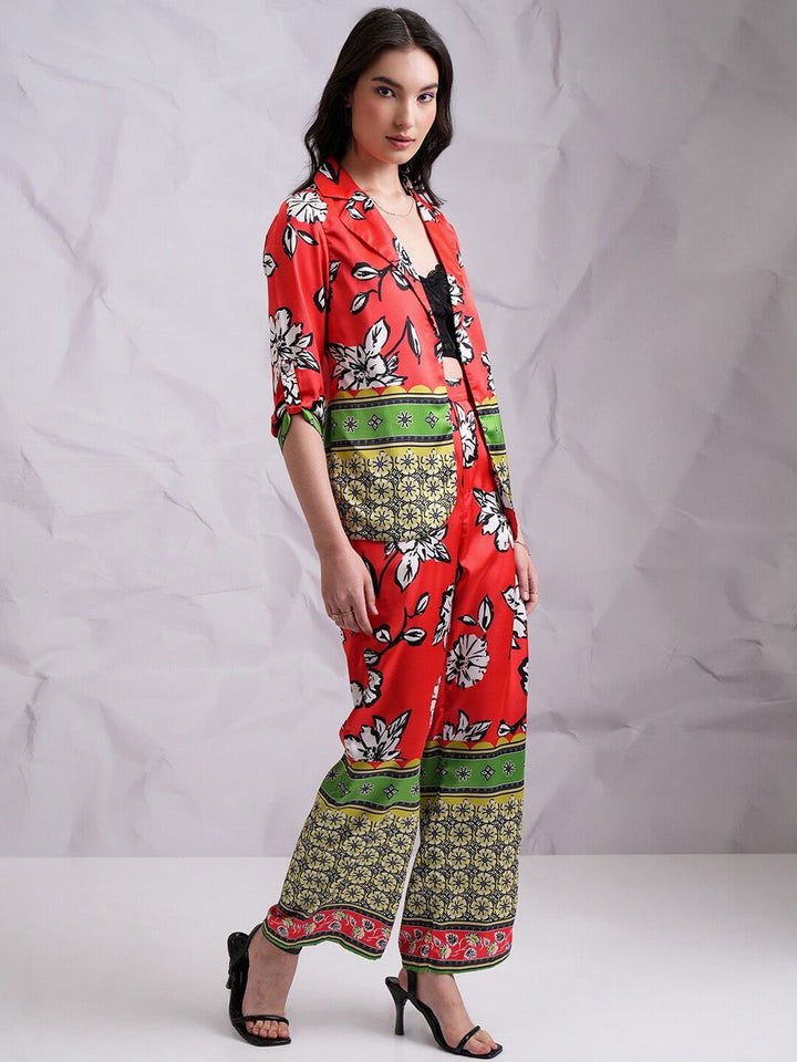 Tokyo Talkies Red Printed Lapel Collar Neck Blazer & Straight Trouser