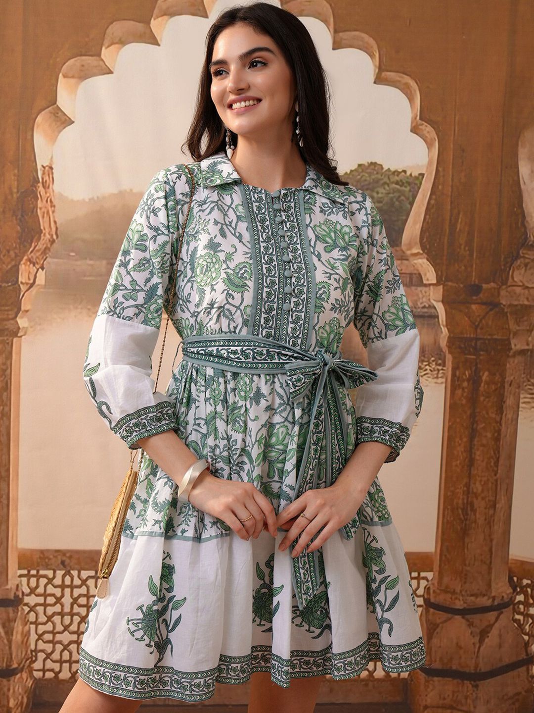 Vishudh Ethnic Motifs Printed Puff Sleeves Fit & Flare Dress