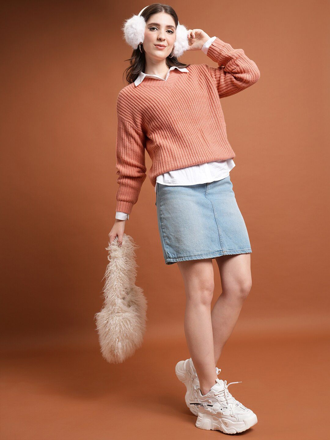 Tokyo Talkies Coral V-Neck Cable Knit Acrylic Pullover